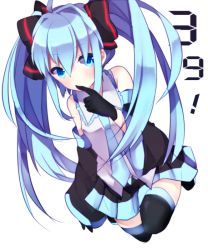 Rule 34 | 1girl, 39, ahoge, bad id, bad pixiv id, bare shoulders, blue eyes, blue hair, detached sleeves, gloves, hand to own mouth, hatsune miku, long hair, matching hair/eyes, necktie, shun47, simple background, skirt, solo, thighhighs, twintails, vocaloid, white background