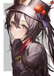 Rule 34 | 1girl, absurdres, black hair, black hat, blush, closed mouth, flower, flower-shaped pupils, genshin impact, hair between eyes, hat, highres, hu tao (genshin impact), kabi (zcwd8845), long hair, looking at viewer, plum blossoms, red eyes, solo, symbol-shaped pupils, upper body
