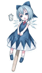 Rule 34 | 1girl, blue eyes, blue hair, bow, cirno, hair bow, ice, ice wings, kiira, matching hair/eyes, mini person, minigirl, open mouth, popsicle stick, short hair, simple background, sketch, solo, touhou, white background, wings