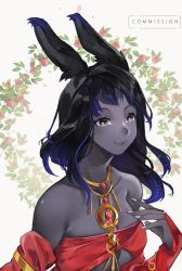 Rule 34 | 1girl, animal ears, bare shoulders, black eyes, black skin, breasts, rabbit ears, collarbone, colored skin, commission, final fantasy, final fantasy xiv, jewelry, long hair, medium breasts, nail polish, necklace, original, rirene rn, solo, upper body, viera, white nails