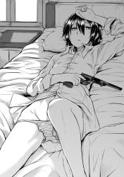 Rule 34 | 1girl, bare legs, bed, bed sheet, collared shirt, day, dress shirt, feet out of frame, greyscale, gun, hair between eyes, hand on forehead, handgun, highres, holding, holding gun, holding weapon, kawajuu, kino (kino no tabi), kino no tabi, knee up, long sleeves, looking at viewer, lying, monochrome, on back, on bed, panties, panty pull, parted lips, pillow, revolver, shirt, short hair, sleeves rolled up, solo, sunlight, trigger discipline, underwear, weapon