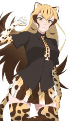 1girl :&lt; absurdres animal_ears animal_print arm_at_side arm_up black_shirt blonde_hair blue_eyeshadow breasts brown_hair cheetah_ears cheetah_girl cheetah_print cheetah_tail closed_mouth collared_shirt commentary_request commission double-parted_bangs elbow_gloves extra_ears eyeshadow gloves gradient_hair grey_background hair_between_eyes hand_on_own_thigh highres kemono_friends kemono_friends_3 king_cheetah_(kemono_friends) long_hair looking_at_viewer makeup medium_breasts miniskirt multicolored_hair necktie print_gloves print_necktie print_skirt print_thighhighs raku_tuu shirt short_sleeves simple_background skeb_commission skindentation skirt solo tail thighhighs two-tone_hair untucked_shirt very_long_hair wing_collar yellow_eyes zettai_ryouiki