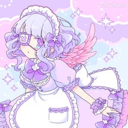 Rule 34 | 1girl, apron, bad id, bad pixiv id, blue hair, blush, bow, chachaco, commentary, dress, eyepatch, feathered wings, frills, hair bow, light blue hair, looking at viewer, maid, maid day, maid headdress, nail polish, original, pink nails, pink wings, puffy sleeves, purple bow, purple dress, purple eyes, purple frills, short hair, short sleeves, solo, sparkle background, symbol-shaped pupils, wings, yume kawaii
