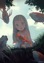 Rule 34 | 1girl, :o, cloud, day, fish, from below, grass, grey eyes, grey hair, highres, kaname (emanalc), koi, long hair, original, pond, sky, solo, tree, water