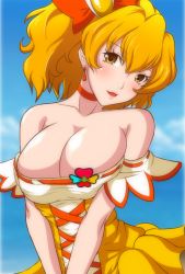 Rule 34 | 00s, 1girl, bare shoulders, blonde hair, blush, breasts, choker, cure pine, earrings, fresh precure!, hair ornament, heart hair ornament, igatto, jewelry, large breasts, looking at viewer, magical girl, aged up, precure, solo, yamabuki inori, yellow eyes