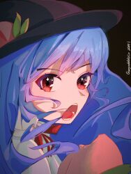 Rule 34 | 1girl, artist name, black background, black hat, blue hair, chinese commentary, commentary request, film grain, food, fruit, gwynevere, hat, highres, hinanawi tenshi, long hair, neck ribbon, open mouth, peach, red eyes, red ribbon, ribbon, shirt, simple background, solo, touhou, white shirt