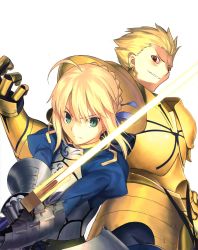 Rule 34 | 1boy, 1girl, absurdres, ahoge, armor, armored dress, artoria pendragon (fate), blonde hair, dress, earrings, excalibur (fate/stay night), fate/zero, fate (series), gauntlets, gilgamesh (fate), glowing, glowing sword, glowing weapon, green eyes, hair ribbon, highres, jewelry, red eyes, ribbon, saber (fate), sword, takeuchi takashi, weapon, white background