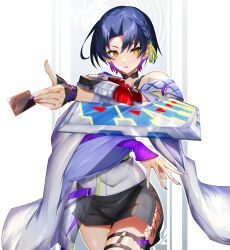 Rule 34 | 1girl, absurdres, bare shoulders, black shorts, blue hair, braid, card, cowboy shot, cross-laced clothes, cross-laced shorts, detached sleeves, duel disk, gloves, half gloves, highres, hirano masatosh, holding, holding card, jacket, long sleeves, looking at viewer, nijisanji, orange eyes, pink nails, purple hair, shorts, side braid, simple background, single glove, solo, thigh strap, trading card, white background, white jacket, white sleeves, wide sleeves, yamagami karuta, yamagami karuta (4th costume), yu-gi-oh!, yu-gi-oh! duel monsters