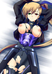 Rule 34 | 00s, armor, arms up, bed, blonde hair, blush, breasts, cameltoe, heterochromia, huge breasts, kuronezumi, long hair, lying, lyrical nanoha, mahou shoujo lyrical nanoha, mahou shoujo lyrical nanoha strikers, nipples, aged up, ponytail, torn clothes, vivio