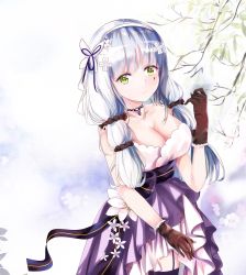 Rule 34 | 1girl, black scrunchie, blush, breasts, brown gloves, butterfly hair ornament, cleavage, closed mouth, commentary, dress, facial mark, flower, garter straps, girls&#039; frontline, gloves, green eyes, hair flower, hair ornament, hair ribbon, hair scrunchie, hairband, hand up, highres, hk416 (girls&#039; frontline), hk416 (starry cocoon) (girls&#039; frontline), large breasts, long hair, looking at viewer, mutang, official alternate costume, purple dress, purple ribbon, purple thighhighs, ribbon, scrunchie, silver hair, solo, thighhighs, white flower, white hairband