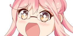 Rule 34 | + +, 10s, 1girl, close-up, double bun, glasses, hair bun, kantai collection, long hair, looking at viewer, makigumo (kancolle), nahaki, no nose, open mouth, pink hair, portrait, simple background, sin-poi, solo, sparkling eyes, symbol-shaped pupils, twintails, white background, yellow eyes