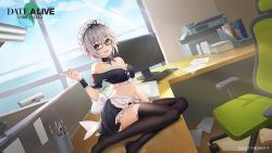 Rule 34 | 1girl, apron, bare shoulders, black skirt, chair, date a live, date a live: spirit pledge, day, desk, glasses, grey hair, highres, honjou nia, indoors, keyboard (computer), looking at viewer, maid, maid apron, maid headdress, monitor, navel, office, office chair, official art, on desk, open mouth, short hair, sitting, on desk, skirt, solo, swivel chair, white apron