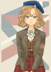 Rule 34 | 1girl, absurdres, alternate costume, beret, blazer, blonde hair, blue eyes, blue hat, bow, bowtie, brown jacket, collared shirt, dress shirt, hat, highres, jacket, janus (kancolle), kantai collection, plaid, plaid skirt, pot-de, red skirt, shirt, short hair, skirt, smile, solo, sweater vest, v arms, white bow, white bowtie, white shirt