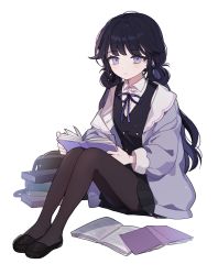 Rule 34 | 1girl, bag, black footwear, black hair, black pantyhose, black skirt, black vest, blue jacket, blue ribbon, book, closed mouth, collared shirt, commentary request, dress shirt, full body, holding, holding book, jacket, knees up, korean commentary, loafers, long hair, long sleeves, looking at viewer, low twintails, moffle (ayabi), neck ribbon, off shoulder, open book, open clothes, open jacket, original, pantyhose, pleated skirt, purple eyes, ribbon, school uniform, shirt, shoes, simple background, sitting, skirt, solo, twintails, very long hair, vest, white background, white shirt