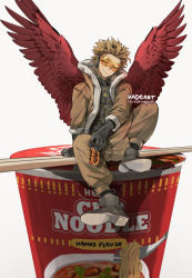 Rule 34 | 1boy, arm support, black gloves, blonde hair, boku no hero academia, boots, brown jacket, brown pants, can, chopsticks, closed mouth, commentary, english commentary, facial hair, feathered wings, feathers, full body, fur trim, gloves, goggles, hawks (boku no hero academia), headphones, holding, holding can, jacket, kadeart, long sleeves, looking at viewer, male focus, messy hair, mini person, miniboy, nissin cup noodle, noodle stopper, open clothes, open jacket, pants, red feathers, red wings, short hair, simple background, smile, solo, superhero costume, thick eyebrows, white background, wings, yellow eyes