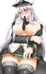 Rule 34 | 1girl, arm across waist, azur lane, balut (7676i), bare shoulders, black thighhighs, blush, breasts, buckle, cleavage, closed mouth, cuff links, embarrassed, enterprise (azur lane), eyes visible through hair, green panties, hand on own arm, hat, highres, large breasts, long hair, looking at viewer, miniskirt, mouth hold, necktie, no bra, panties, pantyshot, partially unbuttoned, peaked cap, purple eyes, shirt, silver hair, simple background, skindentation, skirt, sleeve cuffs, sleeveless, sleeveless shirt, smile, solo, standing, teal panties, thigh strap, thighhighs, thighs, underwear, very long hair, white background