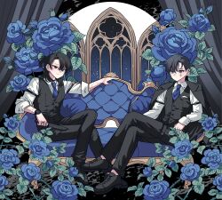 Rule 34 | 2boys, arm strap, bad id, bad twitter id, black eyes, black hair, black jacket, black pants, black vest, blue flower, blue necktie, blue rose, closed mouth, collared shirt, commission, couch, cross, cross earrings, crossed legs, earrings, floral background, flower, full body, hair between eyes, highres, inactive account, jacket, jacket on shoulders, jewelry, long sleeves, looking at viewer, male focus, meremero, multiple boys, necktie, night, night sky, on couch, original, pants, rose, scar, scar on arm, shirt, shoes, sitting, sky, smile, star (sky), starry sky, vest, watch, white shirt, window, wristwatch
