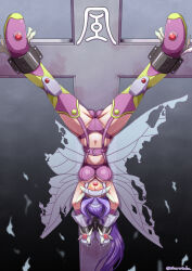 Rule 34 | 1girl, arm warmers, armpits, ass, belt, bikini, boots, bound, breasts, butterfly hair ornament, butterfly wings, cleavage, commentary request, commission, covered eyes, cross, crucifix, crucifixion, digimon, digimon (creature), digimon crest, elbow gloves, facial mark, fairimon, full body, garter straps, gloves, gluteal fold, grey gloves, hair ornament, hairband, head-mounted display, highres, insect wings, large breasts, long hair, navel, oborogumo takamitsu, open mouth, purple belt, purple bikini, purple footwear, purple hair, restrained, skeb commission, solo, spread legs, stationary restraints, stomach, swimsuit, thigh boots, torn wings, twitter username, upside-down, very long hair, wings