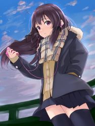 Rule 34 | 1girl, aircraft, airplane, bad id, bad pixiv id, black jacket, black ribbon, black skirt, black thighhighs, blue sky, blush, brown scarf, cardigan, cloud, cloudy sky, commentary request, day, digital media player, dutch angle, earbuds, earphones, fingernails, hair ribbon, hand in pocket, hand up, highres, holding, jacket, listening to music, long hair, long sleeves, looking at viewer, original, parted lips, plaid, plaid scarf, pleated skirt, purple eyes, purple hair, railing, ribbon, scarf, sidelocks, skirt, sky, sleeves past wrists, solo, thighhighs, tsukiman, very long hair