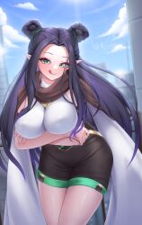 1girl :q absurdres arms_under_breasts balcony black_hair black_shorts breasts brown_scarf cloud commission crossed_arms double_bun eyelashes green_eyes hair_bun high-waist_shorts highres indie_virtual_youtuber large_breasts long_hair mooon_(pixiv_41805161) pointy_ears scarf shirt shorts signature sky sleeveless sleeveless_shirt solo thighs tongue tongue_out v4nnylein virtual_youtuber white_shirt