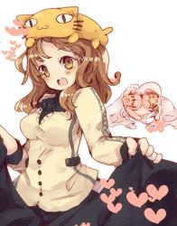 Rule 34 | 2girls, :3, animal hat, player character (mabinogi), bad id, bad pixiv id, blush, braid, breasts, brown eyes, brown hair, buttons, cat, cat hat, coat, hat, heart, long hair, mabinogi, masirosu, medium breasts, multiple girls, open mouth, simple background, skirt, skirt hold, smile, source request, weird cat, white background