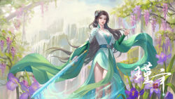 Rule 34 | 1girl, bare legs, brown hair, cleavage cutout, clothing cutout, doupo cangqiong, dress, earrings, from below, green dress, hair bun, hair ornament, highres, index fingers together, jewelry, long hair, long sleeves, necklace, second-party source, solo, sword, tassel, tassel earrings, vegetation, weapon, ye zizi, yun yun (doupo cangqiong)
