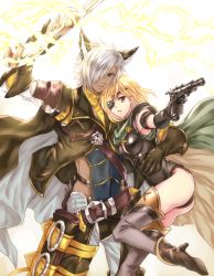 Rule 34 | 10s, 1boy, 1girl, animal ears, arm around waist, armband, armor, armpits, ass, belt, belt pouch, black gloves, blonde hair, blue eyes, boots, cape, dark skin, djeeta (granblue fantasy), electricity, erune, eustace (granblue fantasy), frills, gloves, granblue fantasy, gun, hair over one eye, handgun, high heel boots, high heels, holding, holding gun, holding weapon, jacket, jewelry, leotard, long sleeves, looking at viewer, monocle, outstretched arm, pants, pauldrons, pouch, red eyes, rifle, ring, short hair, shoulder armor, sleeveless, swept bangs, thigh strap, thighhighs, trigger discipline, turtleneck, unsheathed, weapon, white background, white hair, yuusutesu, yuzu (yaneura0316)