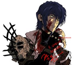 Rule 34 | 1boy, absurdres, armor, black gloves, blood, blood on clothes, blood on face, blue hair, commission, fingerless gloves, gloves, hand up, highres, jacket, legato bluesummers, long sleeves, looking at viewer, male focus, my nameisyoon, parted lips, short hair, shoulder armor, simple background, skull, solo, trigun, white background, white jacket, yellow eyes