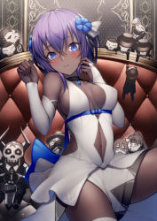 Rule 34 | 1girl, assassin (fate/zero), bare shoulders, blue ribbon, blush, breasts, bridal gauntlets, center opening, child assassin (fate/zero), choker, clothing cutout, couch, dark-skinned female, dark skin, dress, fate/grand order, fate/prototype, fate/prototype: fragments of blue and silver, fate/stay night, fate/zero, fate (series), female assassin (fate/zero), hair between eyes, hair ribbon, hassan of serenity (fate), hassan of the cursed arm (fate), jewelry, king hassan (fate), kyoeiki, looking at viewer, medium breasts, navel, navel cutout, pendant, purple hair, ribbon, sash, short hair, sitting, stuffed toy, thighhighs, thighs, white dress, white thighhighs