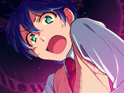 Rule 34 | 1boy, asada hachi, blue hair, character request, check character, collared shirt, commentary request, green eyes, hair between eyes, looking at viewer, male focus, mawaru penguindrum, necktie, open mouth, purple background, red necktie, school uniform, shirt, short hair, solo, sweatdrop, sweater vest, takakura shouma, upper body, white shirt