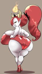 Rule 34 | 1girl, ass, back, bare shoulders, breasts, brown background, cleavage, cocco (cocco1192), colored sclera, colored skin, covered erect nipples, disney, female focus, fire, fishnet pantyhose, fishnets, full body, grin, half-closed eyes, hekapoo, highres, horns, huge ass, huge breasts, leotard, long hair, monster girl, orange eyes, pantyhose, pointy ears, ponytail, red hair, red leotard, smile, solo, standing, star vs the forces of evil, thick thighs, thighs, white skin, wide hips, yellow sclera