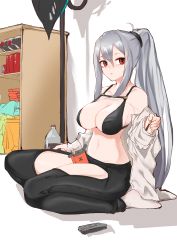 Rule 34 | 1girl, alternate costume, arknights, between thighs, bikini, bikini top only, black bikini, black pants, bottle, breasts, chinese commentary, cleavage, clothing cutout, collarbone, commentary request, dress, food, grey jacket, highres, holding, holding bottle, holding food, indoors, inniyik, jacket, large breasts, long hair, long sleeves, looking at viewer, looking to the side, navel, off shoulder, open clothes, open jacket, open mouth, pants, pocky, ponytail, skadi (arknights), stomach, swimsuit, thigh cutout, very long hair
