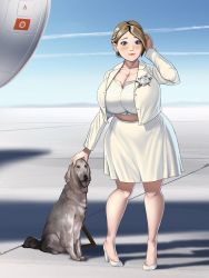 Rule 34 | 1girl, ace combat, ace combat 7: skies unknown, bad id, bad twitter id, blue eyes, blush, braid, breasts, brown hair, buttons, cleavage, crop top, curvy, day, dog, facing viewer, flower, full body, hairband, hand on own head, high heels, highres, huge breasts, jacket, looking at viewer, midriff, open clothes, open jacket, outdoors, plump, rosa cossette d&#039;elise, shadow, short hair, skirt, sky, smile, solo, standing, toroboro, unbuttoned jacket, white flower, white footwear, white jacket, white skirt, wide hips