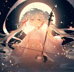 Rule 34 | 1girl, :d, blue hair, blush, bug, butterfly, chinese clothes, chuushuu meigetsu miku, clothes lift, commentary request, erhu, floating hair, flower, full moon, hagoromo, hair flower, hair ornament, happy, hatsune miku, holding, bug, instrument, kanzashi, long hair, long sleeves, looking away, moon, night, night sky, open mouth, pink flower, rella, shawl, sky, smile, solo, star (sky), starry sky, twintails, upper body, very long hair, vocaloid