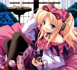 Rule 34 | 1girl, absurdres, bare shoulders, bed, blonde hair, blue eyes, bow, choker, cup, curtains, dress, female focus, flower, frills, hair bow, hair ribbon, hand on own ear, headphones, highres, indoors, kanojo tachi no ryuugi, long hair, lying, miyama-zero, music box, pitcher (container), ribbon, rose, shirogane tobari, sitting, smile, solo, sunlight, table, teacup, thighhighs, twintails, upskirt, wide sleeves, window
