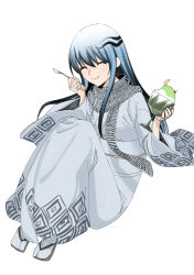 Rule 34 | 1girl, absurdres, blue hair, blue kimono, cherry, closed eyes, cup, eating, flip-flops, food, food in mouth, fruit, highres, holding, holding cup, holding spoon, japanese clothes, kimono, knees up, long hair, long sleeves, nurarihyon no mago, rasupekuto, sandals, scarf, shaved ice, sidelocks, simple background, sitting, smile, socks, solo, spoon, white background, yuki onna (nurarihyon no mago)