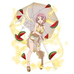 Rule 34 | 1girl, :d, bikini, bikini top only, breasts, cleavage, collarbone, fairy (sao), food, freckles, fruit, full body, hair ornament, hairclip, hand on lap, highres, jewelry, leaning forward, lisbeth (sao), lisbeth (sao-alo), looking at viewer, medium breasts, navel, necklace, non-web source, official art, open mouth, parasol, parted bangs, pink eyes, pink hair, pointy ears, sarong, short hair, simple background, smile, solo, standing, swimsuit, sword art online, sword art online: memory defrag, thigh strap, transparent background, umbrella, watermelon, yellow bikini