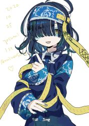Rule 34 | 1girl, absurdres, anniversary, bags under eyes, blue flower, blue hairband, blue jacket, blue nails, blue rose, blunt bangs, character name, collar, commentary request, dated, floral print, flower, hair over one eye, hairband, hand up, highres, indie virtual youtuber, jacket, jiangshi, long sleeves, looking at viewer, nail polish, one eye covered, open mouth, rose, short hair, smile, solo, upper body, virtual youtuber, white background, white collar, wide sleeves, yellow eyes, yosumi (vtuber), zinbei