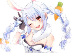 Rule 34 | 1girl, ;d, absurdres, animal ear fluff, animal ears, bare shoulders, black gloves, blue hair, blue ribbon, bow, bra, braid, breasts, carrot hair ornament, cleavage, commentary request, detached sleeves, don-chan (usada pekora), dress, extra ears, eyebrows hidden by hair, food-themed hair ornament, fur trim, gloves, hair bow, hair ornament, head tilt, highres, holding, holding own hair, hololive, long hair, looking at viewer, multicolored hair, one eye closed, open mouth, orange eyes, pom pom (clothes), puffy short sleeves, puffy sleeves, rabbit ears, rabbit girl, ribbon, shiro hebi rei, short sleeves, sidelocks, simple background, small breasts, smile, solo, teeth, thick eyebrows, twin braids, twintails, two-tone hair, underwear, upper body, upper teeth only, usada pekora, usada pekora (1st costume), virtual youtuber, white background, white bow, white dress, white hair
