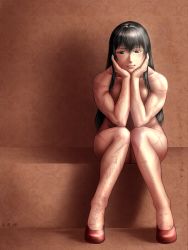 Rule 34 | 1girl, black hair, blush, brown eyes, covering privates, covering breasts, dated, face in hands, floral print, full body, head rest, highres, hip focus, knees together feet apart, light, light smile, lips, long hair, looking at viewer, m.u.g.e.n, muscular, muscular female, nude, original, red footwear, rose print, scar, sendai hakurei no miko, shoes, sitting, smirk, solo, taikyokuturugi, thighs, toned, touhou, wall
