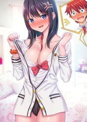 Rule 34 | 10s, 1boy, 1girl, bed, black hair, black panties, blue eyes, blush, bow, bowtie, breasts, cardigan, cleavage, clothes pull, collarbone, collared shirt, commentary request, couple, gridman universe, hetero, hibiki yuuta, holding, holding clothes, hoshi ichi, long hair, long sleeves, medium breasts, open clothes, open shirt, orange scrunchie, panties, pillow, red bow, red hair, red neckwear, school uniform, scrunchie, shirt, short hair, ssss.gridman, sweater, takarada rikka, thighhighs, thighs, underwear, white cardigan, white shirt, white sweater, wing collar, wrist scrunchie