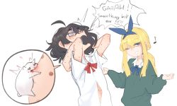 Rule 34 | 2girls, absurdres, ahoge, alternate hairstyle, animal, bangs, biting, black hair, blind girl (popopoka), blonde girl (popopoka), blonde hair, blue eyes, blue ribbon, bow, bowtie, bullying, english text, freckles, green sweater, highres, long hair, long sleeves, multiple girls, musical note, one eye closed, open mouth, original, ponytail, popopoka, red bow, red bowtie, ribbon, shirt, smile, speech bubble, sweater