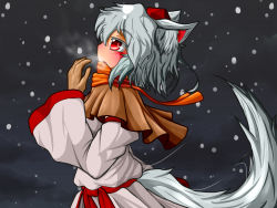 Rule 34 | 1girl, :o, animal ears, blush, capelet, dress, fang, gust005, hat, highres, inubashiri momiji, long sleeves, looking up, open mouth, orange scarf, profile, red eyes, scarf, short hair, silver hair, snow, snowing, tail, tokin hat, tooth, touhou, white dress, winter clothes, wolf ears, wolf tail