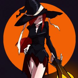 Rule 34 | 1girl, alternate costume, bare legs, costume, female focus, hair over one eye, halloween, hat, lipstick, long hair, makeup, parasoul (skullgirls), red eyes, red hair, skullgirls, solo, torn clothes, umbrella, witch, witch hat