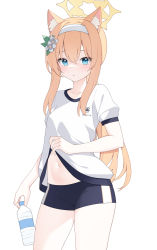Rule 34 | 1girl, absurdres, animal ear fluff, animal ears, black shorts, blue archive, blue eyes, blush, bottle, breasts, brown hair, clothes lift, flower, gym shirt, gym shorts, gym uniform, hair between eyes, hair flower, hair ornament, halo, headband, highres, holding, holding bottle, jyt, lifted by self, long hair, looking at viewer, mari (blue archive), mari (track) (blue archive), midriff peek, navel, parted lips, puffy short sleeves, puffy sleeves, shirt, shirt lift, short shorts, short sleeves, shorts, simple background, small breasts, solo, standing, very long hair, water bottle, white background, white flower, white headband, white shirt