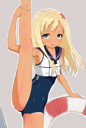 Rule 34 | 10s, 1girl, absurdres, bad id, bad pixiv id, blonde hair, blue eyes, flower, hair flower, hair ornament, highres, innertube, kantai collection, leg up, one-piece swimsuit, ro-500 (kancolle), sailor collar, school swimsuit, solo, spread legs, swim ring, swimsuit, swimsuit under clothes, tan, tanline, tear tear0320