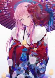 Rule 34 | 1girl, animal, animal on shoulder, artist name, bad id, bad pixiv id, beads, bird, blush, bow, chicken, chinese zodiac, closed mouth, dangmill, eyelashes, floral print, flower, fur trim, furisode, hair bow, head tilt, highres, japanese clothes, kimono, kinchaku, long hair, long sleeves, looking at viewer, md5 mismatch, new year, obi, oil-paper umbrella, original, over shoulder, pink hair, pouch, puddle, red flower, rooster, sash, shawl, signature, smile, umbrella, white background, wide sleeves, year of the rooster
