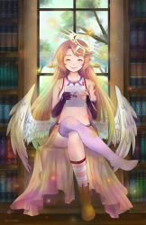 Rule 34 | 10s, 1girl, ^ ^, angel, angel wings, closed eyes, spiked halo, crossed legs, feathered wings, gloves, halo, jibril (no game no life), kari avalon, long hair, low wings, magic circle, midriff, navel, no game no life, pink hair, shoes, single shoe, smile, solo, white wings, wings