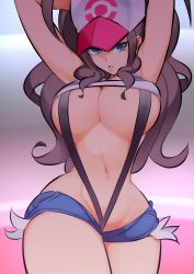 Rule 34 | 1girl, adapted costume, alternate breast size, armpits, arms up, baseball cap, blue eyes, breasts, brown hair, cleavage, creatures (company), game freak, hat, highres, hilda (pokemon), large breasts, looking at viewer, micro shorts, nac000, narrow waist, navel, nintendo, parted lips, pokemon, pokemon bw, ponytail, short shorts, shorts, slingshot swimsuit, solo, swimsuit, tank top, thighs, underboob