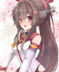 Rule 34 | 10s, 1girl, :d, breasts, brown eyes, brown hair, cherry blossoms, detached sleeves, female focus, flower, hair flower, hair ornament, headgear, kantai collection, large breasts, long hair, looking at viewer, natubudou, open mouth, ponytail, smile, solo, yamato (kancolle)